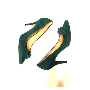 Emerald Green Suede Heels with Bow Detail